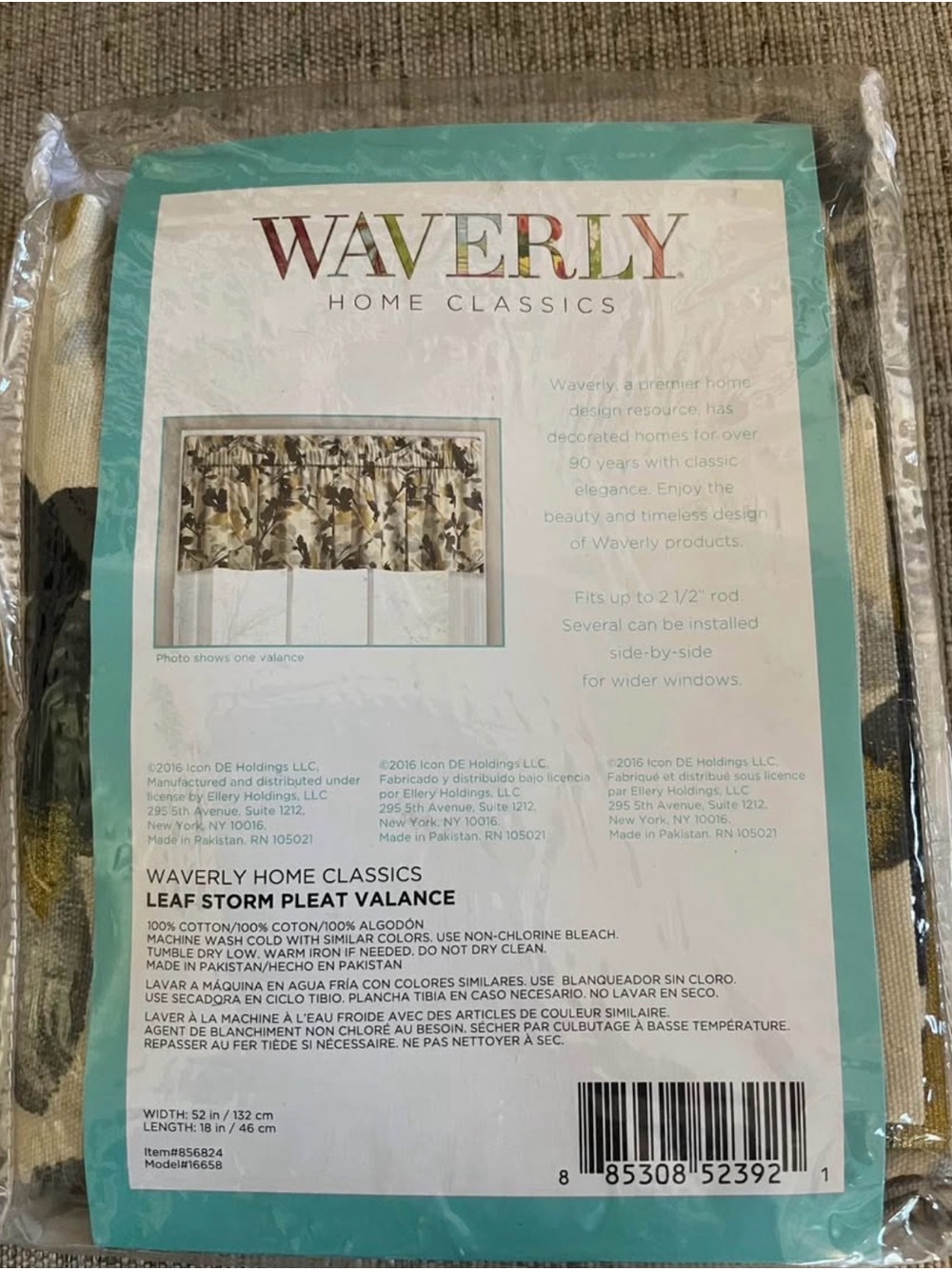 NWT Waverly Leaf Storm Pleat Valance in Silver, Gray, Yellow With Button Accents